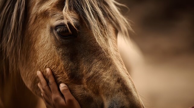 Close-up of a gentle brown horse being petted by a human hand.