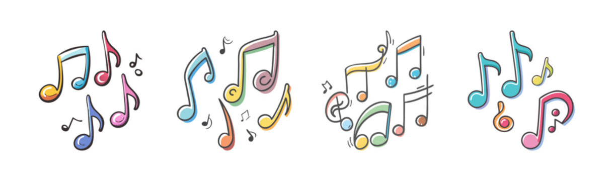 Collection of vibrant, hand-drawn music notes scattered artistically across a white canvas