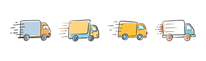 Fast delivery trucks doodle set illustration depicting quick shipping and logistics services