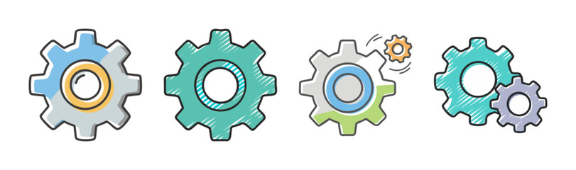 Colorful hand-drawn gear icons in various configurations representing settings and mechanics