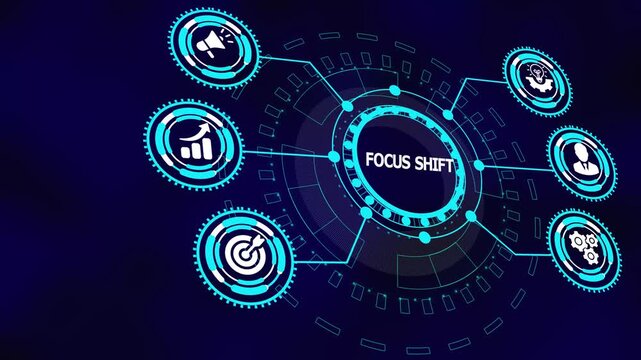 Business focus shift concept with digital icons illustrating strategic redirection, analytics realignment, performance change, and adaptive execution systems.