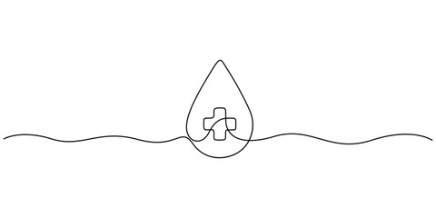 Minimalist, continuous line-drawing illustration of a blood drop with a cross symbol 