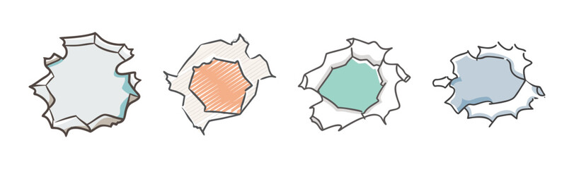 Colorful cartoon bullet holes and ripped paper textures for graphic design elements