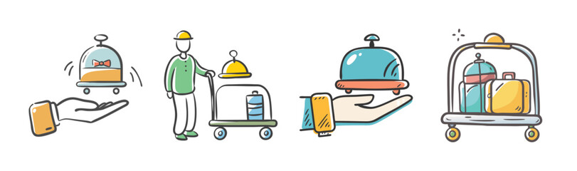 Hotel service concept with bellhop, room service, and luggage delivery icons