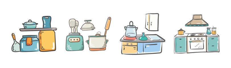 A charming collection of hand-drawn kitchen furniture and cooking utensils illustration