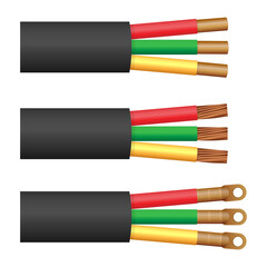 Electrical cables with copper terminations. Solid, stranded and ring terminal wires isolated on white. Vector illustration for use in wiring diagrams, electrician manuals, industrial energy concepts