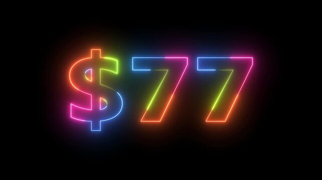 Neon light glowing dollar 77 sign animation