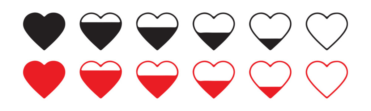 Heart Rating and Progress Bar Icons. Love Level, Health Status, and Loading Symbols Vector Set.
