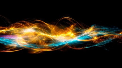 Abstract fractal energy light trails glowing in gold turquoise and magenta on dark cosmic background, showing motion flow, futuristic technology concept, digital science fiction atmosphere