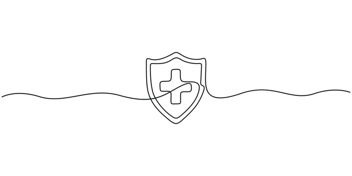 Minimalist continuous one-line drawing of a shield with a medical cross. Health and medical care concept vector illustration