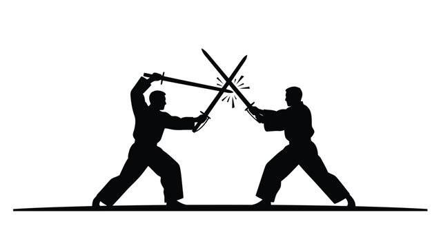 Two martial artists in silhouette fighting with swords in a vector illustration isolated on white background