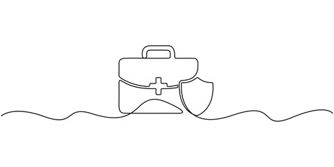 Continuous single-line drawing of a first-aid kit box. A shield is positioned next to the bag, likely symbolizing protection or safety