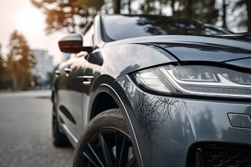 Close-up detail of a car fender highlights deep scratches and paint damage on dark metallic grey paint, emphasizing the texture of abrasion.