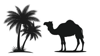 Fototapeta premium Black silhouette of camel standing next to palm trees isolated on white background