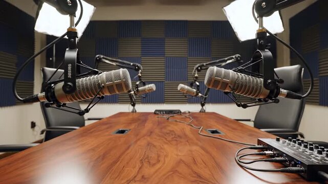 Professional empty podcast studio with multiple microphones and sound equipment for recorded broadcast and interview production.