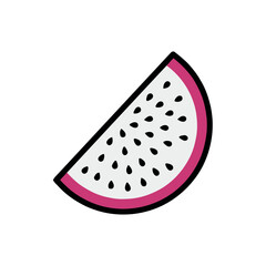 Vibrant slice of dragon fruit, also known as pitaya, with white flesh and black seeds, outlined in black and pink. A fresh, tropical fruit icon.