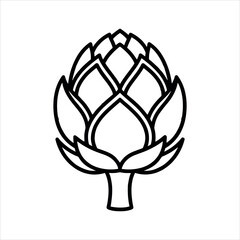 Simple black and white line art illustration of a fresh artichoke, perfect for healthy eating, cooking, and organic food concepts.