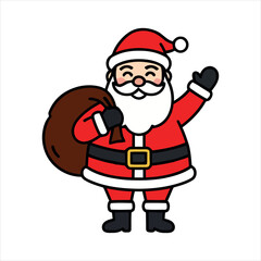 Cheerful cartoon Santa Claus waves, carrying a gift sack, ready for Christmas. A festive, simple vector illustration perfect for holiday designs and seasonal greetings.