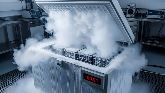 Open cryogenic laboratory freezer emitting dense vapor while preserving biological samples at ultra-low temperatures.