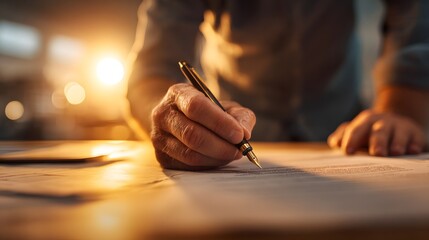 Obraz premium Close-up of a persons hand writing with a pen on paper in warm, soft light.