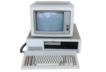 Retro generic desktop computer with CRT monitor, photo isolated on white background. Vintage personal computer.