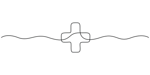 Minimalist single line art drawing of a plus sign. Medical sign symbol one line drawing vector illustration