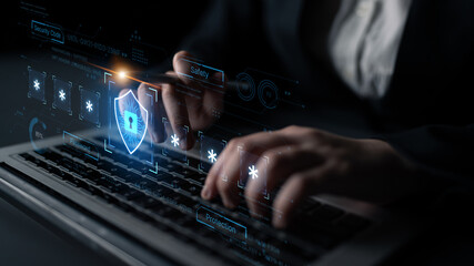 A concept of an advanced cybersecurity system. The futuristic interface shows a multi-factor authentication process using a secure password or PIN for enhanced data protection. Fermion