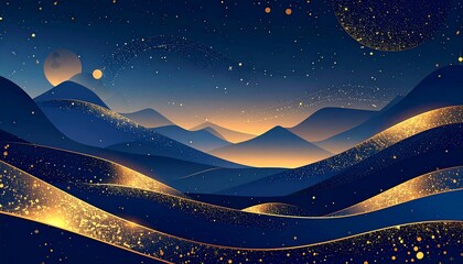 Cartoon New Year background with navy blue gradient and soft golden glow, minimal flat illustration style, modern luxury design, clean composition, large copy space, professional stock illustration, n
