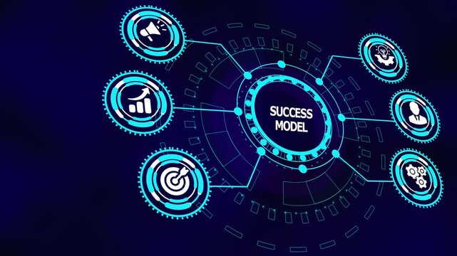 Success model business concept with digital icons showing structured frameworks, analytics validation, performance metrics, and repeatable achievement systems.