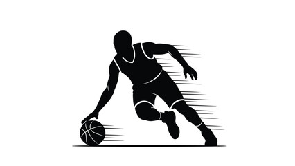 Obraz premium Black silhouette of basketball player dribbling on , vector illustration isolated on white background
