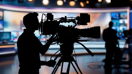 Silhouette of cameraman operating a large camera in a studio with multiple screens in background