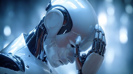 Close-up of a thoughtful robots face with intricate mechanical details and a blue glow.