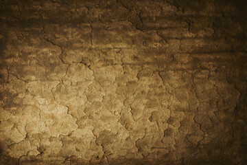 Fototapeta premium Vintage grunge wall texture with cracked aged surface, warm brown tones, rough plaster details, and dramatic shadows. Weathered background ideal for horror, retro, industrial, and historical designs.