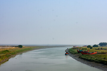 Fishing Trawlers Anchored on Indian Coastal River Awaiting Deep Sea Voyage
