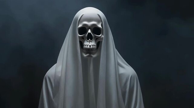A terrifying depiction of a skull-faced figure draped in a white sheet against a dark, smoky background.