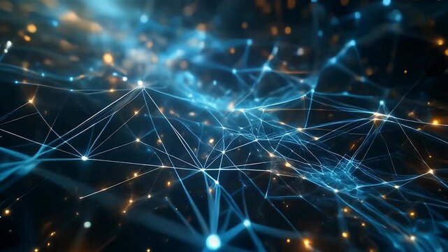 Abstract network of glowing blue and orange nodes connected by white lines against a dark background.