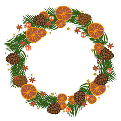 Merry Christmas Wreath White&nbsp;background. Dry Oranges&nbsp;Fir twigs&nbsp;Pine-cones&nbsp;Buttons.&nbsp;Winter xmas holidays.&nbsp;Nature design greeting card template.&nbsp;Vector illustration.