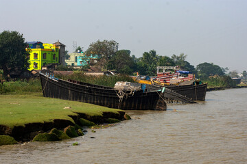 Fishing Trawlers Anchored on Indian Coastal River Awaiting Deep Sea Voyage