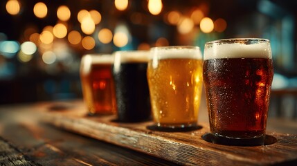 Close-up of a beer flight sampler shows four glasses ranging from stout to ale on a wooden bar counter with a blurred taproom background.