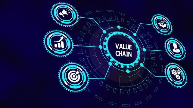 Value chain business concept with digital icons illustrating connected processes, analytics optimization, operational efficiency, and competitive advantage flow.