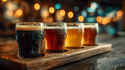 Close-up of a beer flight sampler shows four glasses ranging from stout to ale on a wooden bar counter with a blurred taproom background.