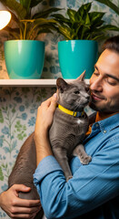 Obraz premium Indoor shot of a gray cat with yellow collar held by a man, their faces close, representing affection and companionship, also domestic environment