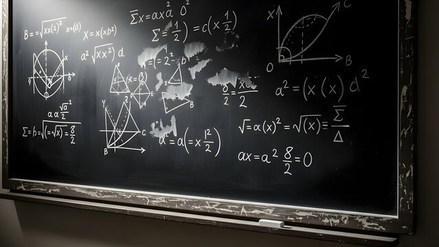 A dark blackboard covered with complex mathematical equations, formulas, and geometric diagrams written in white chalk. - Powered by Adobe
