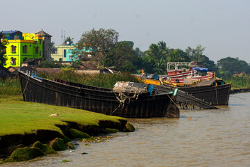 Fishing Trawlers Anchored on Indian Coastal River Awaiting Deep Sea Voyage