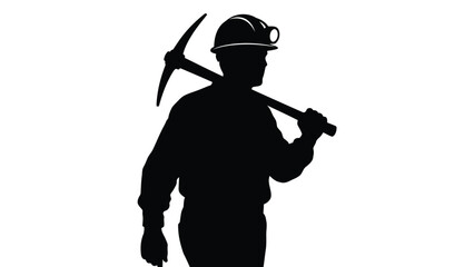 Silhouette of a coal miner with pickaxe on shoulder in hard hat isolated on white background