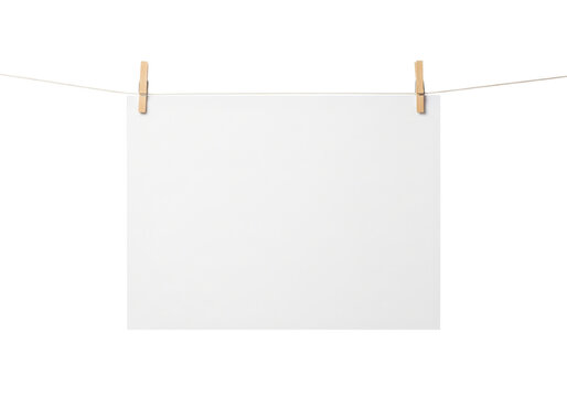 blank paper hanging on clothesline isolated on white