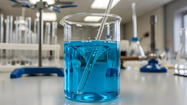 Vibrant blue liquid swirling in a glass beaker with a magnetic stirrer, creating a vortex during a laboratory experiment.