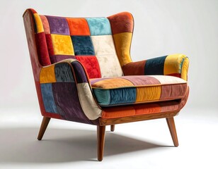 An eye-catching upholstered armchair with a patchwork design in various velvet hues and wooden legs, set against a white background