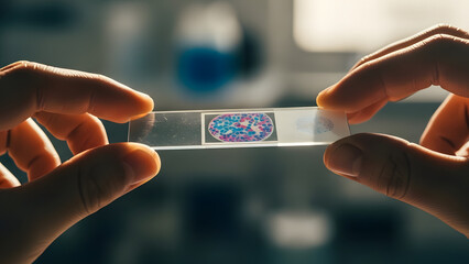Close-up of human hands holding a microscope slide with a colorful biological sample in a laboratory setting.