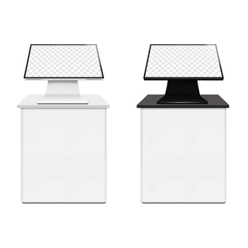 Table with touch screen self-service digital kiosk. Black and white. Realistic 3d vector mockup. Touchscreen desktop computer. Easy editable mock-up. Flat panel monitor blank display stand. Template